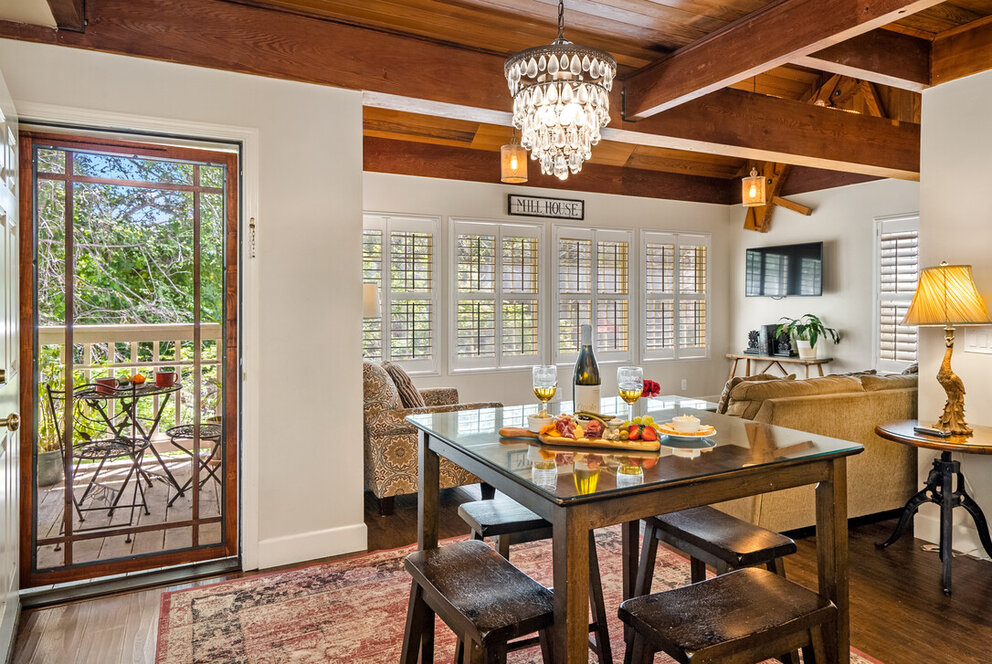 a dining table with food on it
