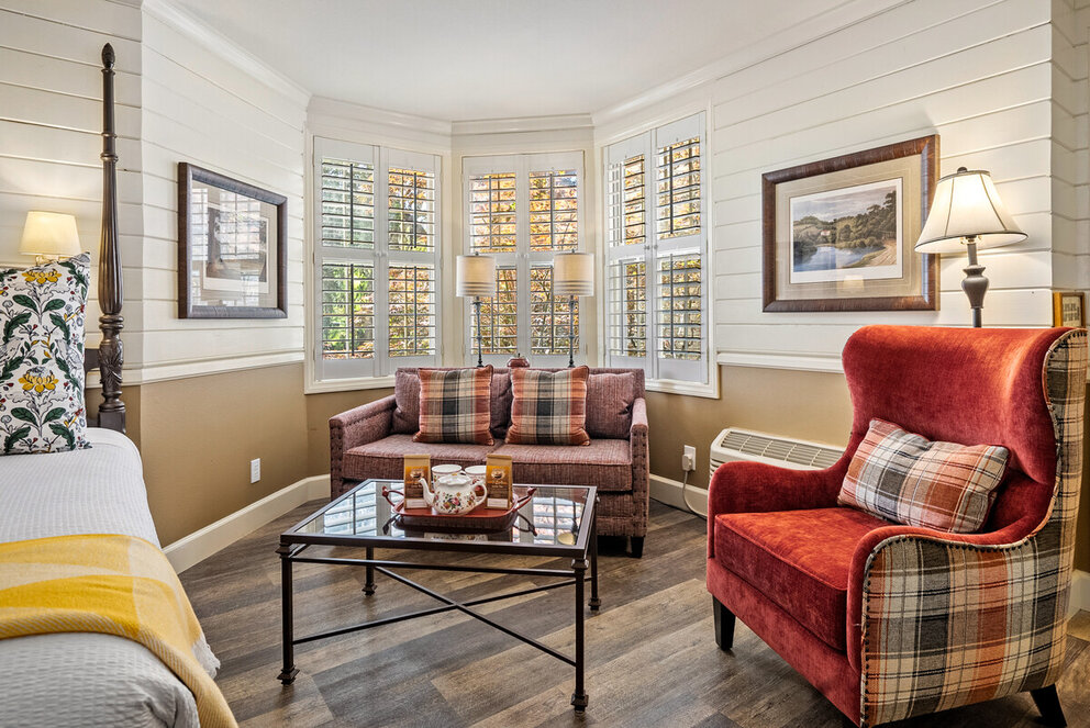 a room with a couch and a coffee table